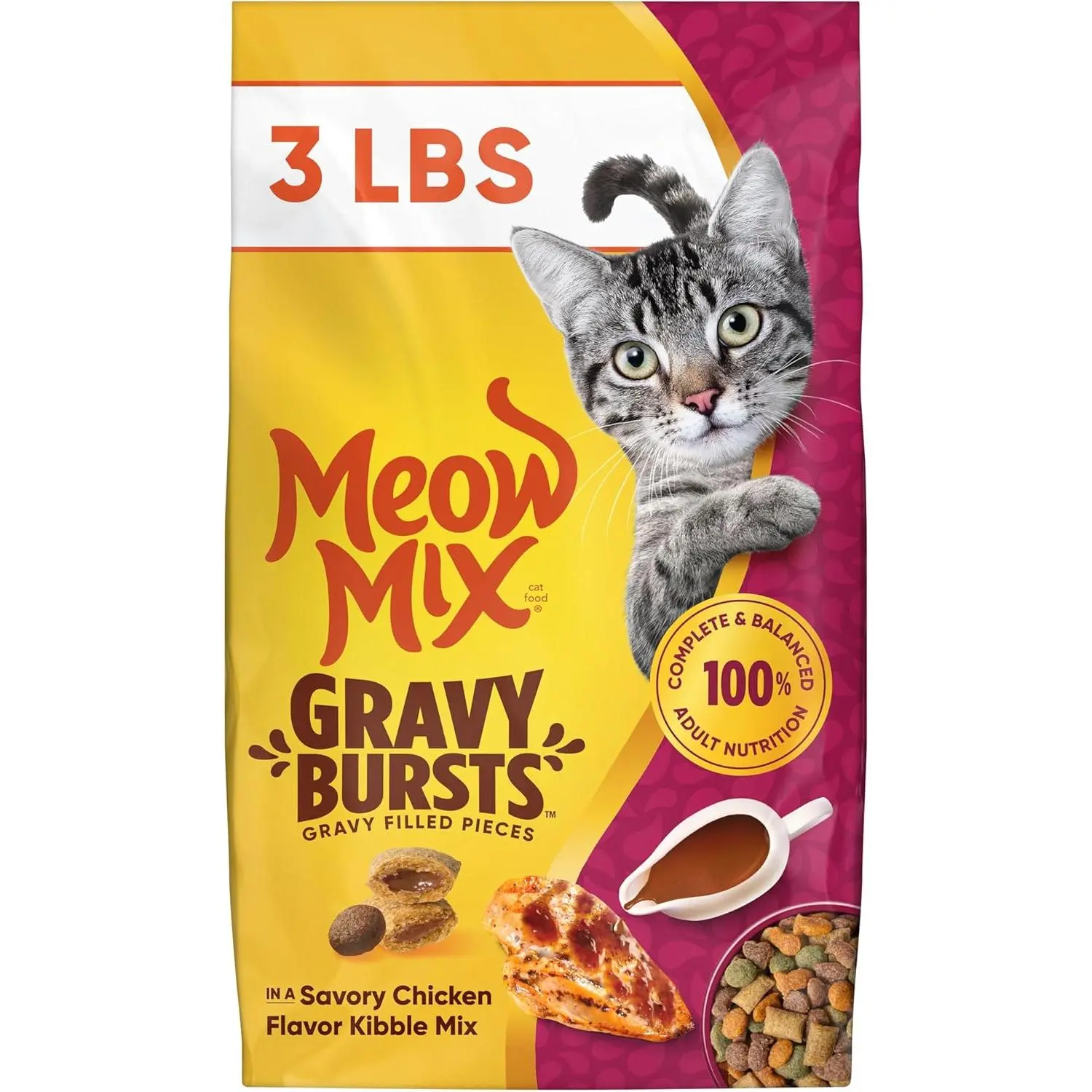 Meow Mix Gravy Bursts Dry Cat Food, 3 lb Bag | Crunchy cat kibble, gravy filled pieces, 100% complete & balanced nutrition for adult cats, high quality protein
