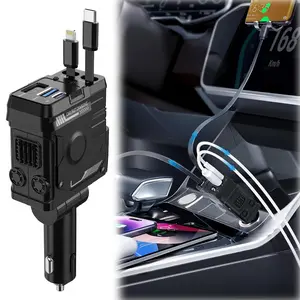 Retractable Car Charger 4 in 1 USB C Fast Charging Adapter with Dual Charge Port, Lightning Cable, Compatible with Electronic Cellphone Mobile