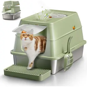 Stainless Steel  Litter Box with Lid, XL Large Enclosed High Sided Litter Box with Removable Lid, Carbon Filters -Odor Free, Easy Cleaning, Anti- Leakage for Big Cats -Green