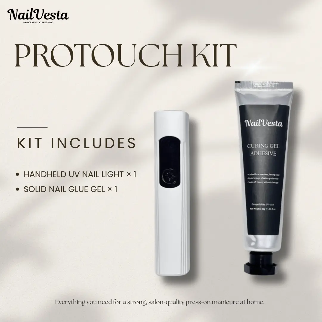 NailVesta ProTouch Kit – Solid Nail Glue Gel Kit & Press-On Nail Adhesive Handheld UV Light | 2-Piece Kit