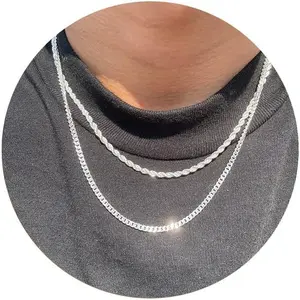 FREEKISS Trendy 2Pcs 3mm Chain Necklace For Men Layered Cuban Link Rope Necklaces Set Simple Jewelry Gift 18-28 Inches For Fashion Valentine's Day