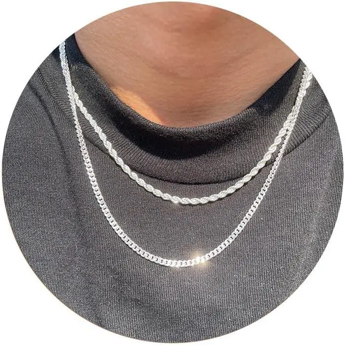 FREEKISS Trendy 2Pcs 3mm Chain Necklace For Men Layered Cuban Link Rope Necklaces Set Simple Jewelry Gift 18-28 Inches For Fashion Valentine's Day homeessentials