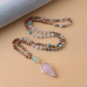 Natural Gemstone Beads Pendant Necklace with Rose Quartz Arrow and Green Aventurine - Handmade Energy Protection Bracelet Jewelry Aurora Crystals Agate Crystal