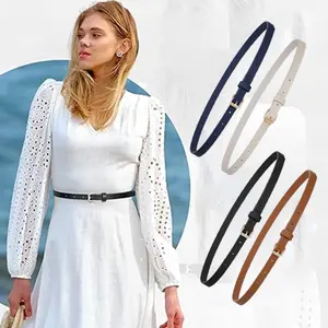 4 Pack Skinny Women Leather Belt for Dresses Thin Waist Belt for Jeans Pants with Gold Buckle