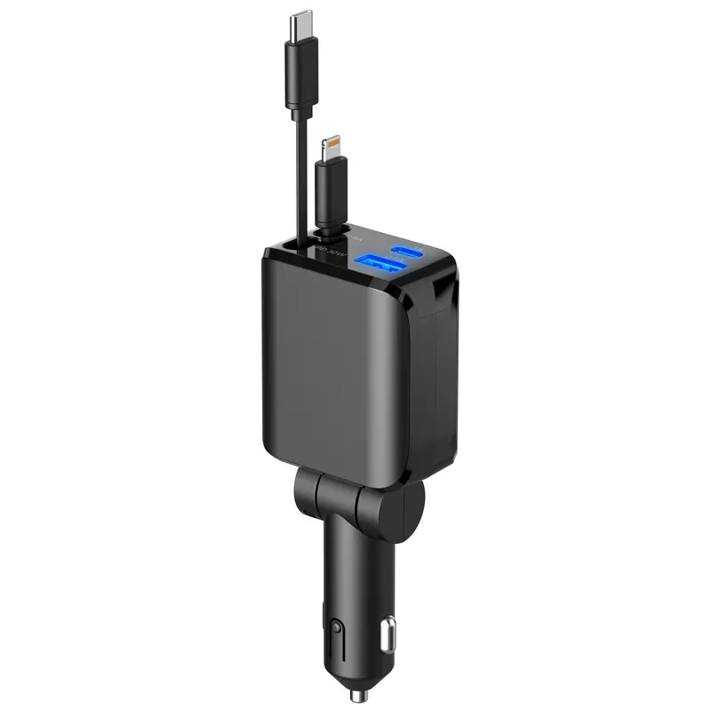 100W Max 4-in-1 Retractable Multi Charger - Adjustable USB-A Adapter Chargers with 180° Rotation, Included Cables, Vehicle Accessory for iPhone 16/15/14/13 Pro Max Plus, Samsung S23/S22/S10, International Travel