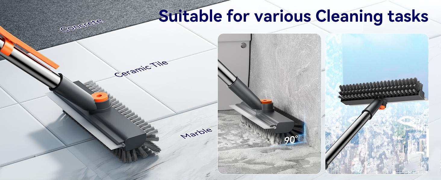 3-in-1 Floor Scrub Bathtub Brush with Long Handle - 1pc, 360-degree Rotating, 45-degree Ergonomic Design, Double-Sided Heavy-Duty Stiff Bristles & Squeegee, 10.6*3.95in Home Cleaning Broom for Bathroom, Kitchen, Deck, Durable, Birthday, Wedding, Cleaning,