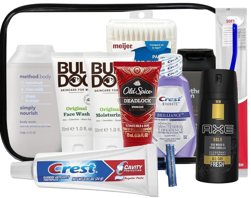 Mens Travel Toiletries Kit, Travel Bag of Hygiene Essentials for Bath, Shaving and Personal Care, 12 Mini TSA approved items in Reusable Zipper Bag, Valentine's Day, Travel, Business, Gifts & Charity