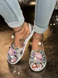 Comfortable Rhinestone Flower Sandals, Snake Pattern Floral Upper, Pearl Anklet, Open Toe Flat Shoes, All-Day Wear Summer Footwear