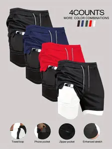 Men’s 2-in-1 double-layer shorts, 4-pack, with built-in pockets; high-stretch athletic shorts suitable for summer gym workouts and training.
