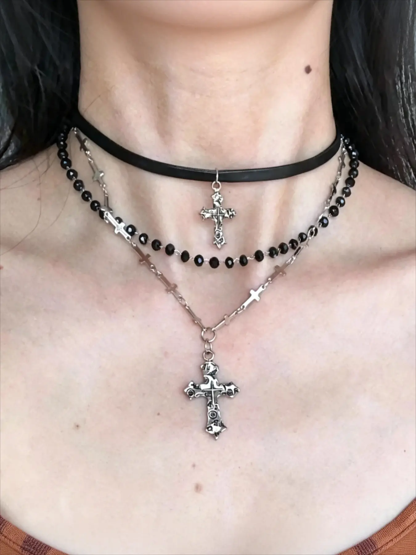 Punk Multi-Layer Cross Necklace Spicy Girl Y2K Vintage Beaded Long Cross Pendant Hip-pop Personalized Chain Long Necklace Cross Choker Necklace Grunge Cross Necklace Alloy Necklace