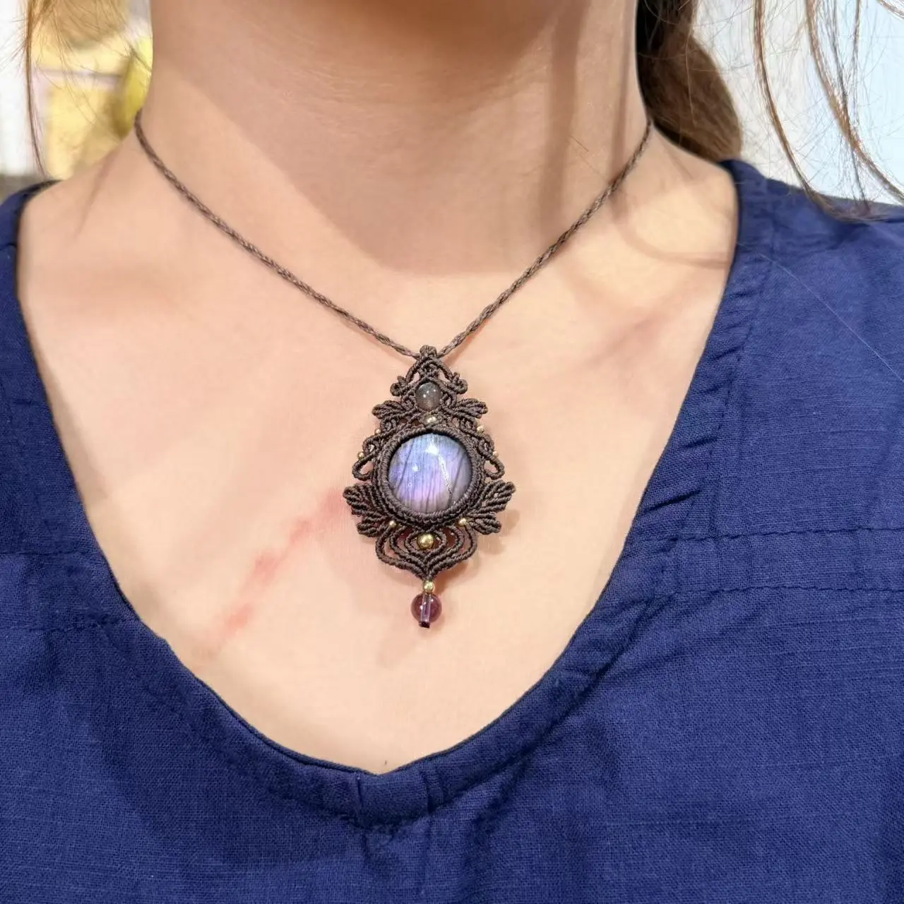 Labradorite Necklace Macrame Handcrafted Unique Gift Boho Ethnic Minimalist Jewelry Stone of Magic Made to Order