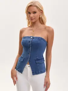 INSPIRE CHIC Women's Denim Tube Tops Button Front Elastic Back Crop Strapless Bandeau Top