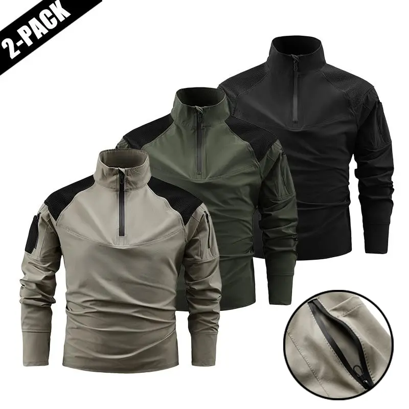 2-pack spring/autumn stretch athletic tactical zip hoodies; casual sports stretch quick-dry zip hoodie with pockets and breathable fabric—men’s tops suitable for everyday wear in spring/autumn, casual tops.