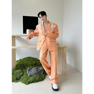 Spring Men's Suit Set, 3D Lace Beaded Floral Blazer & Pants, Luxury Fashion Two Piece Suit