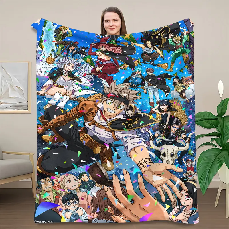 Black Clover All Characters Collage Throw Blanket, Asta Center Celebration Anime Flannel Blanket, Black Bull Squad Group Art Fleece Throw For Anime Room Decor, Gift For Black Clover Fans