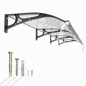 Outdoor Door Awning with Drainage Sink, Polycarbonate Window Canopy with Aluminum Bracket, All-Weather Porch Shelter for Rain, Snow & Sun
