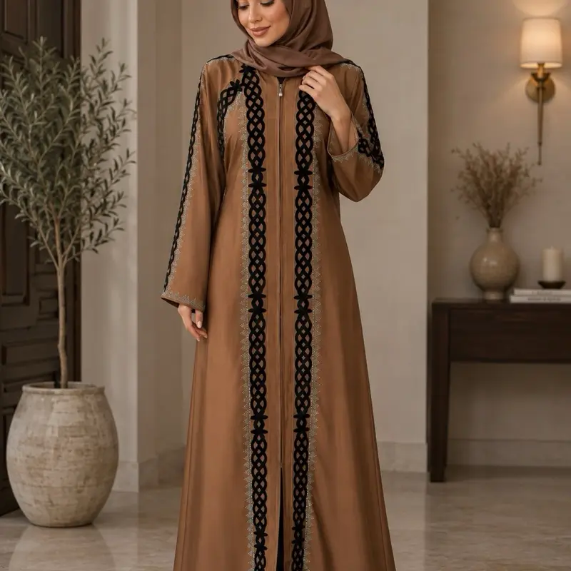 Women's #43 Dubai Luxury 1-Piece Abaya Dress Set, Long Sleeve Modesty Wear with Matching Hijab, Muslim Clothing in Embroidered Abaya Style, Long Sleeve Abaya