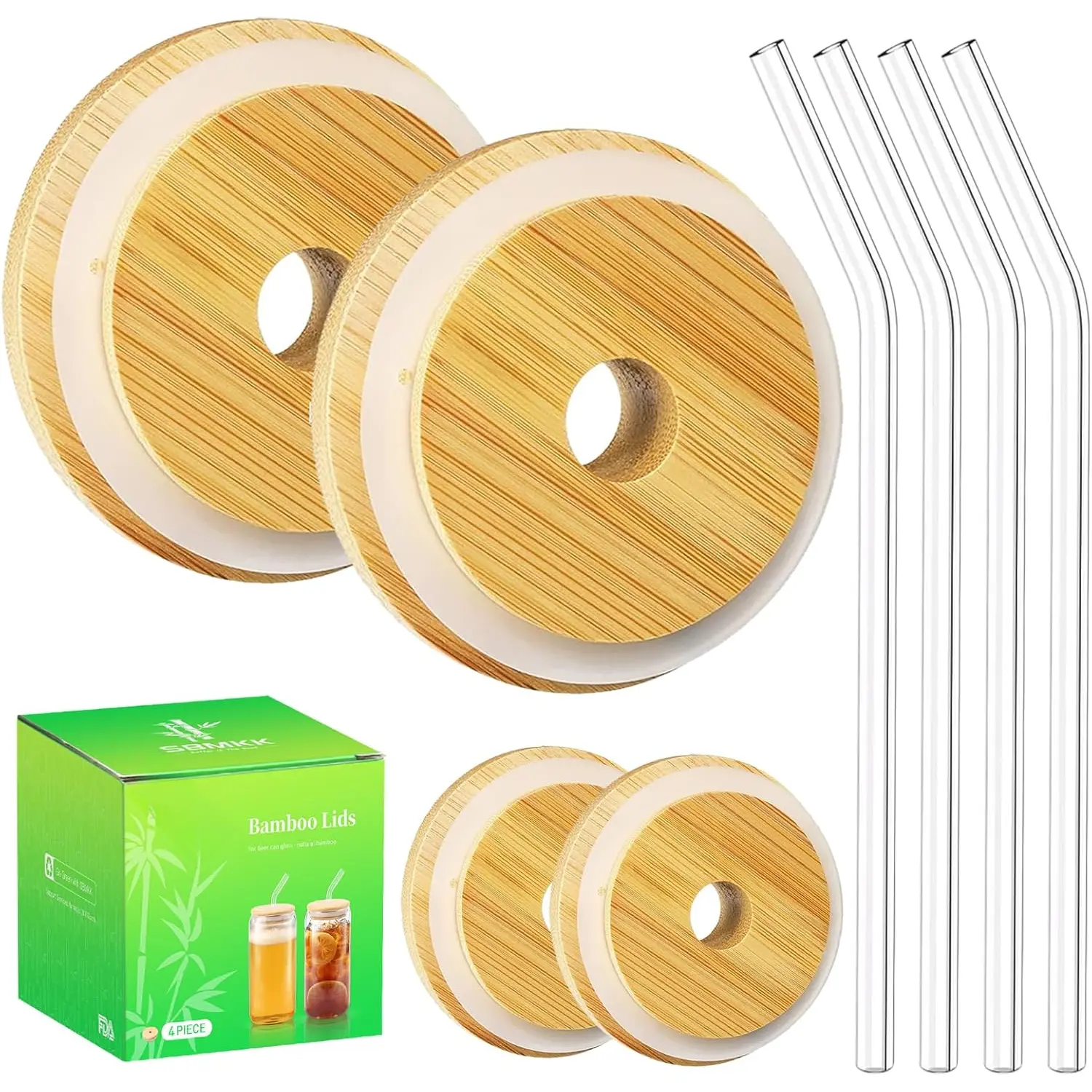 Bamboo Lids for Glass Cups and 16 OZ Beer Can Glass, Bamboo Mason Jar Lids Regular Mouth with Straw Hole, 70mm/2.75 Inch Replacment Wooden Cover (regular 4 count with straw)