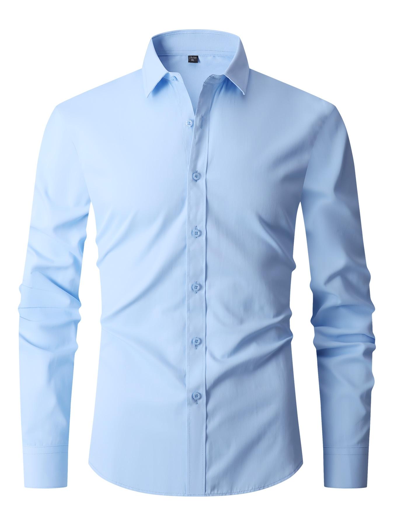 Men's Slim Fit Solid Dress Shirt, Wrinkle-Free Smooth Cotton Blend Fabric, Long Sleeve Button Down Top for Business & Formal Suit Wear, Formal Wear, Tops, Classic, Polyester, Longsleeves, Elegant, Wash Free, Business Wear
