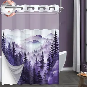 Forest Shower with Snap in Liner, Nature Mountain No Hook Layer Shower and Liner Set, Ringless with Window Waterproof Cloth, 71" W x 74" L, Purple