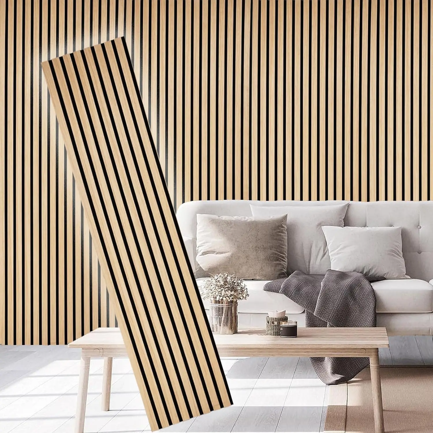 2-Pack White Oak Slat 3D Wall Panels, Contemporary Patterned Textured Interior Soundproof Acoustic Panels for Home Wall & Ceiling Decor, Noise Reduction (2 Pcs - 94.5L x 12.6W in), 2 Pcs - 94.5 L X 12.6 W In