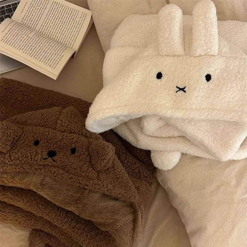 Kawaii Cartoon Miffy Rabbit Hooded Cape - Soft Thick Plush Wearable Blanket, Windproof Warm Lined, No Redundant Features, Ideal for Nap & Office, Home Supplies Comfort Gift