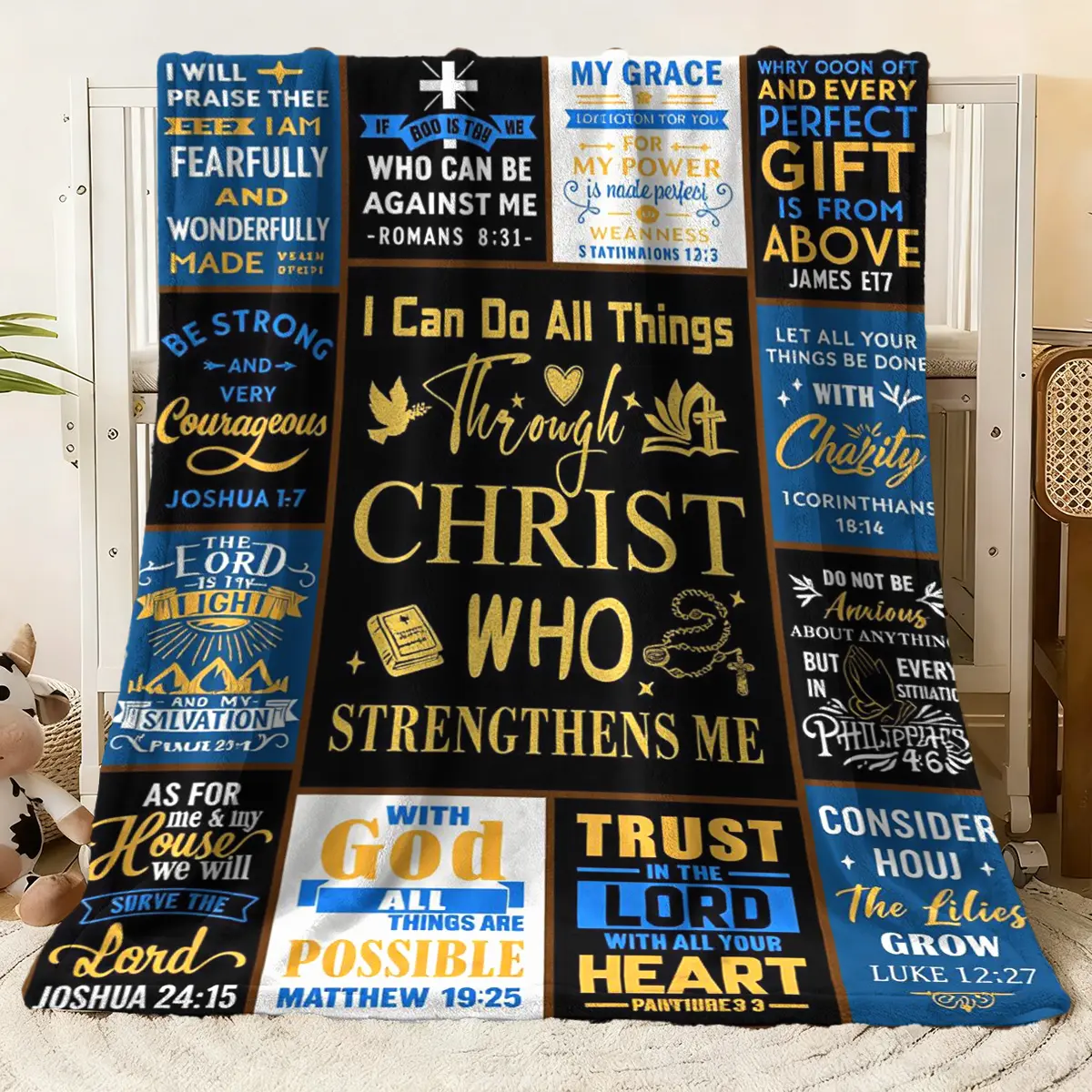 Christian Inspirational Bible Verses Flannel Blanket - Experience comfort and faith together! This soft flannel throw is decorated with powerful religious quotes and classic Bible verses, like “I Ca