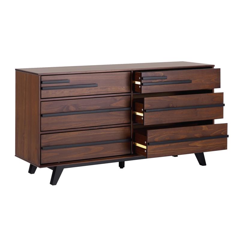 Walker Edison Retro Solid Pine 6-Drawer Dresser Chest - 31.25" H x 18.63" W x 60.25" L, 100 lbs Capacity, Anti-Tips Design, Walnut Finish, Unique Fronts, Assembly Required, Modern Tall Cabinet Bedroom Furniture, Drawers for Bedroom, Sturdy Indoor Cupboard