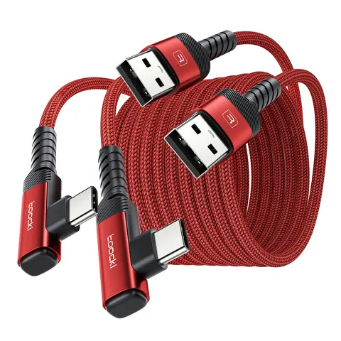 Toocki 2-Pack 10FT USB-A to USB-C Nylon Braid Electronic Charging Cable - Right Angle 3A Fast Charger for iPhone, Alloy Connector, Durable for Smartphone, Cellphone, iPhone 15/15 Pro Max, Samsung S23 Ultra, MacBook Air, Gaming Users，techvibes