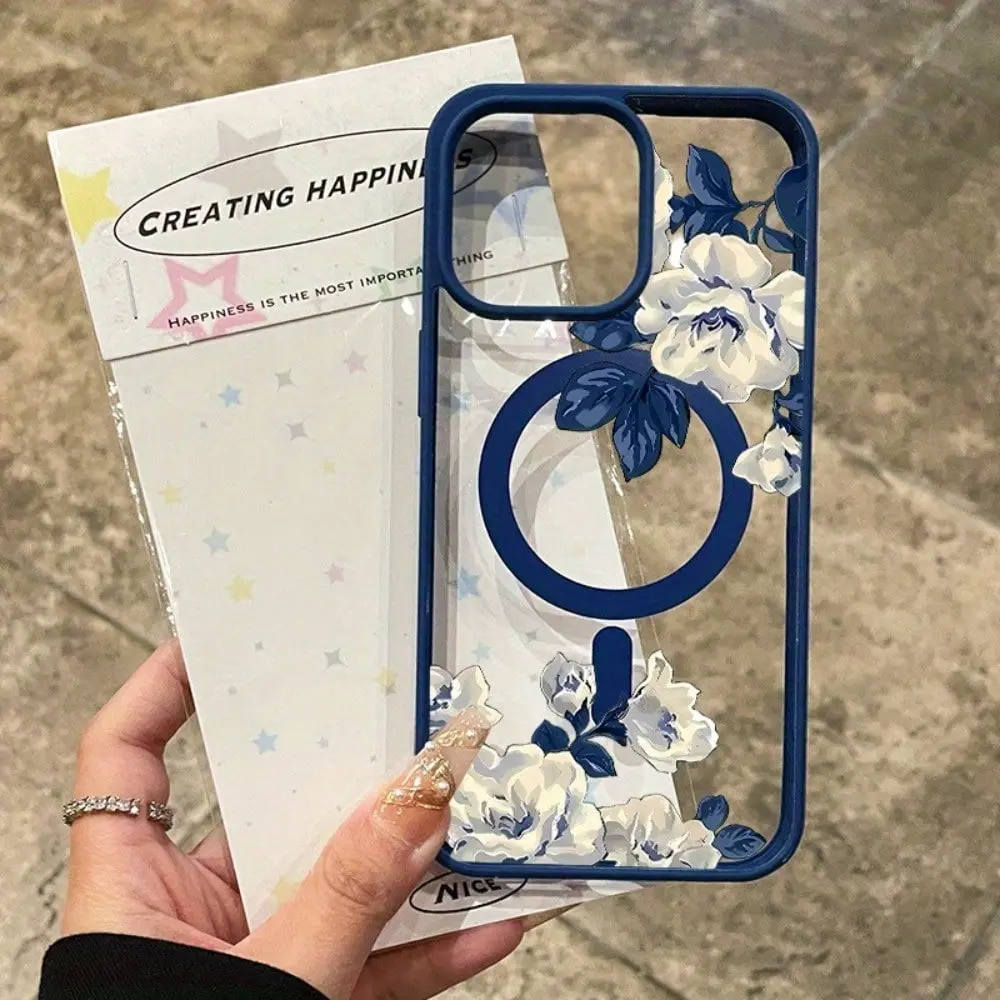Magnetic Transparent Macaron Night White Rose Pattern Phone Case - Protective Cover for iPhone 17/17 Air,16/16 Plus,15/15 Plus,14,13,12 Pro Max,11 - Smartphone Protection Accessory by summerwins