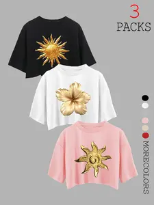 Women's American Retro Style Loose-Fit Short Sleeve Knit T-Shirt Set, Summer Casual Fashion Sun Heart Floral Print Top for Gym & Daily Wear Womenswear Clothes