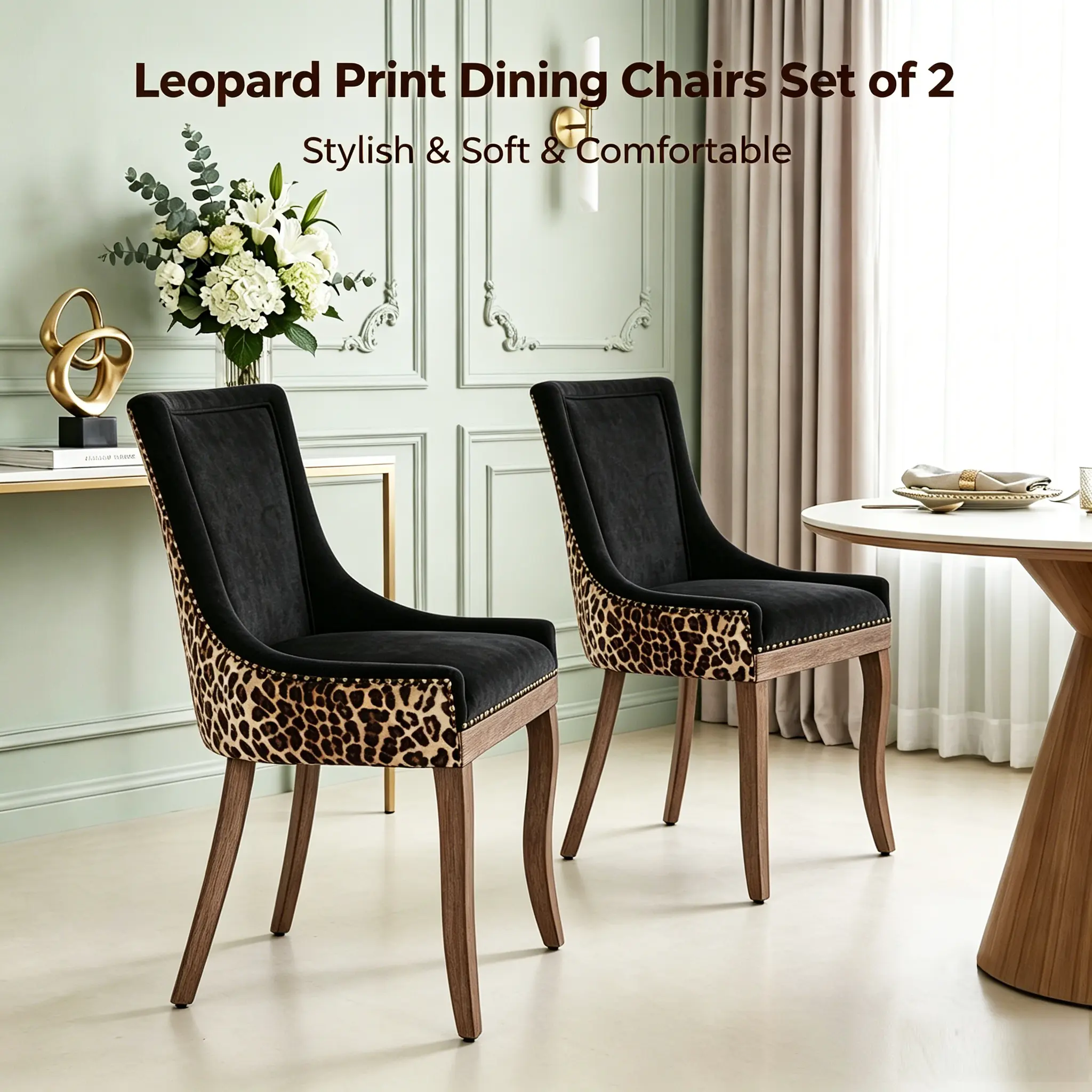Leopard Print Dining Chairs Set of 2, Modern Accent Chairs, Thick Cushion & Wood Legs, for Coffee Corner, Living Room, Small Space - Leopard ergonomic kitchen upholstered fabric upholster high-end