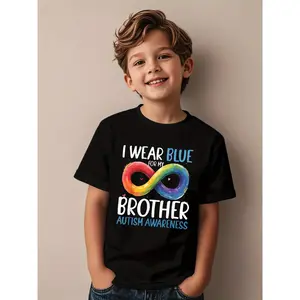 I Wear Blue for My Brother Autism Awareness Graphic Tee Black Shirt with Colorful Infinity Symbol and White Text Perfect Gift for Support and Awareness (3-13Y)