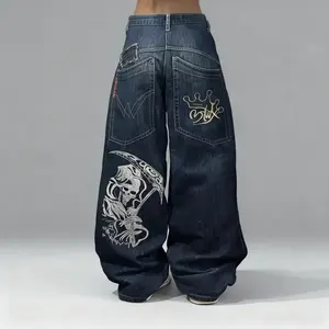 Y2K VIBE ALERT   Vintage Baggy Denim Jeans - Ultra Wide Leg Hip Hop Streetwear   Grunge Death Print Baggy Jeans, Skull Embroidered Jeans, Plus Size jeans Womenswear Bottom Pants Wideleg