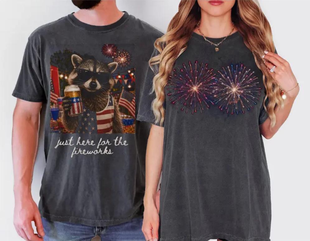 Comfort Colors Just Here For The Fireworks Funny 4th of July Shirts, Cute Raccoon Patriotic Couple Matching Tees, Adult Humor Independence Day Outfits