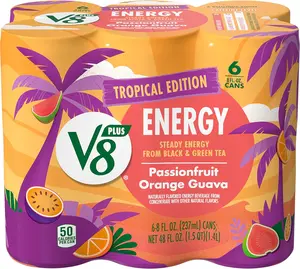 V8 +Energy Passionfruit Orange Guava Juice Energy Drink, 8 fl oz Can (6 Pack)