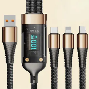 3-In-1 100W Transparent Fast Charging Cable with Digital Display, Multifunctional Charging Cable, Braided USB C Cable Real Time Fast Charging for iPhone Samsung OPPO, Valentine's Day Gift