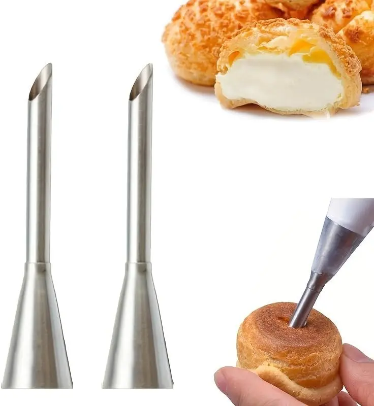 2pcs Stainless Steel Icing Piping Nozzles Tips for Cake Decorating - Cream Filler Tool, Puff Mouth Pastry Bag Set for Puffs, Cakes & Cookies
