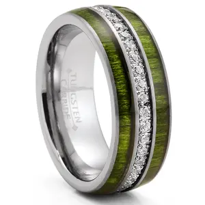 Mens Tungsten Carbide Wedding Band Green Jade Wood Cubic Zirconia Eternity Ring Comfort-Fit 8MM