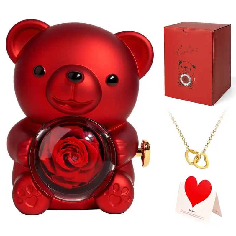 Backtoschool, Cute Rose Bear & Heart Design Ring with Necklace,Gift Set for Valentine's Day,Mother's Day,Christmas & Thanksgiving Gift, Romantic Rose Flower Bear Teddy Gift for Her,Eternal Forever Rose Bear Gift Weddings Anniversary for Woman Gift Box Set