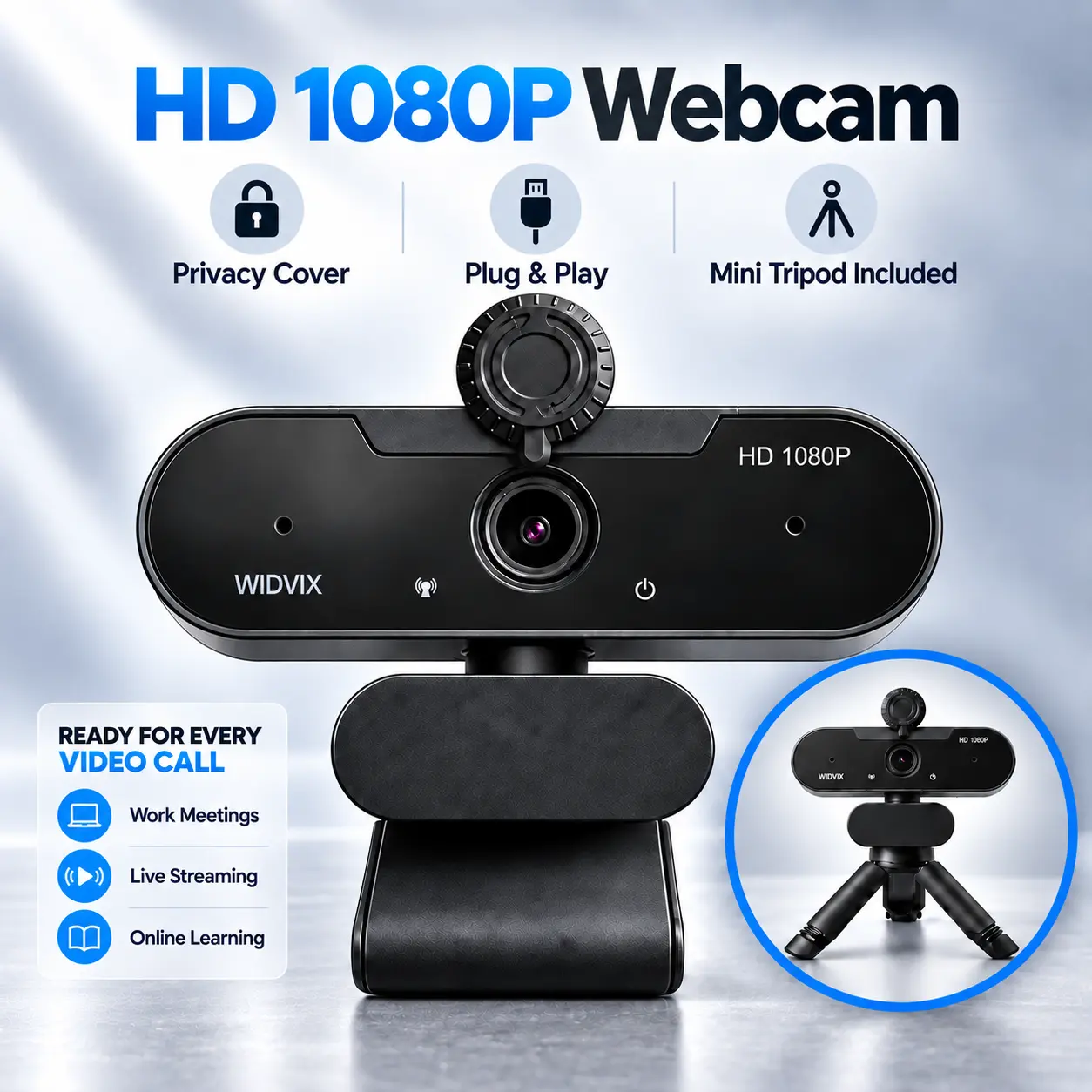 WIDVIX 1080P Webcam for PC, USB Computer Camera with 110° Wide Angle Lens, Built-in Microphone, Low-Light Adjustment, Privacy Cover, Tabletop Stand, Plug & Play for Meetings, Video Calls and Online Classes