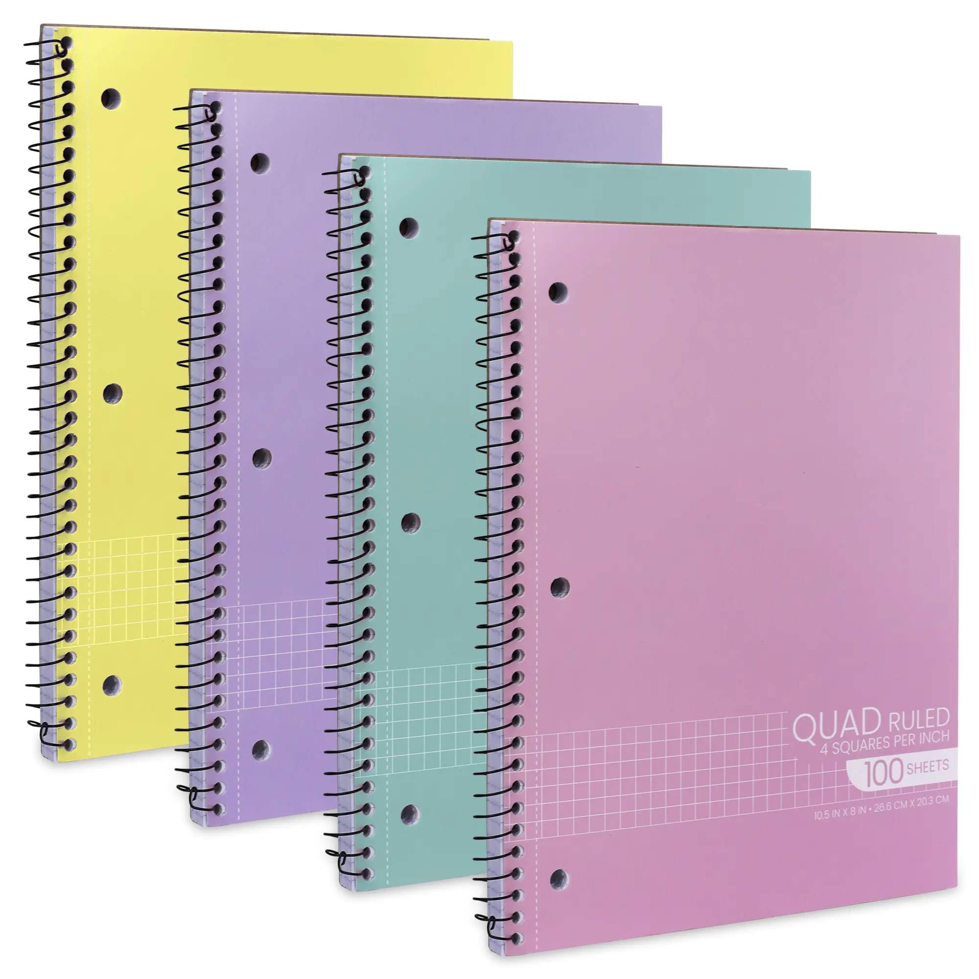 Graph Paper Spiral Notebook, Quad Ruled Grid Notebooks, Perforated Pages - 10.5 X 8 Inches - Assorted Colors - 100 Sheets per Book