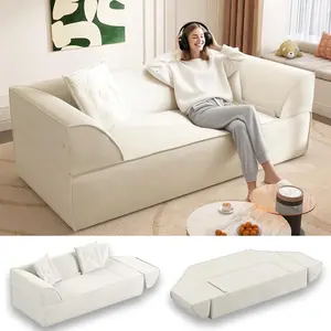 3-in-1 Convertible Folding Sofa Bed, 79.5" Queen Size Sleeper, Curved Couch, Modern Deep Seat Fluffy Couch with 2 Pillows, 3-Seater Sofa, Sparkling Chenille Fabric Sofa (Beige）