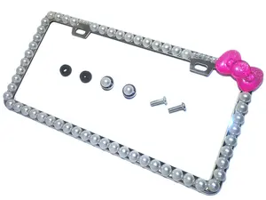 Dazzling Addiction 3D Bling License Plate Frame Big Chunky Pearls Creamy White with Hot Pink Bow Made in USA Handmade 1 Row Holder Screw Caps Personalizable Customizable Customized Bedazzled Sparkly Shimmering Gift for Girls Women 2 Holes Crystals Diamond