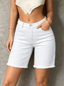 Wash High Waist Stretch Denim Bike Shorts, Frayed Hem Slim Fit Straight Leg Pants, Summer Casual Versatile Style Womenswear