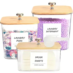 3 Pack Laundry Room Organization Storage Containers, Plastic Clear Laundry Pods Container & Dryer Sheet Holder Jars with Lids, Scoops & Labels for Detergent, Powder, Dryer Balls, Beads