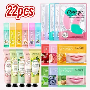 22-piece facial care set including eye masks, lip masks, hand cream, and lipstick; contains various fruit extracts for hydration and moisture; suitable for dry skin; ideal for daily skincare and travel; skincare set, travel set, holiday gift