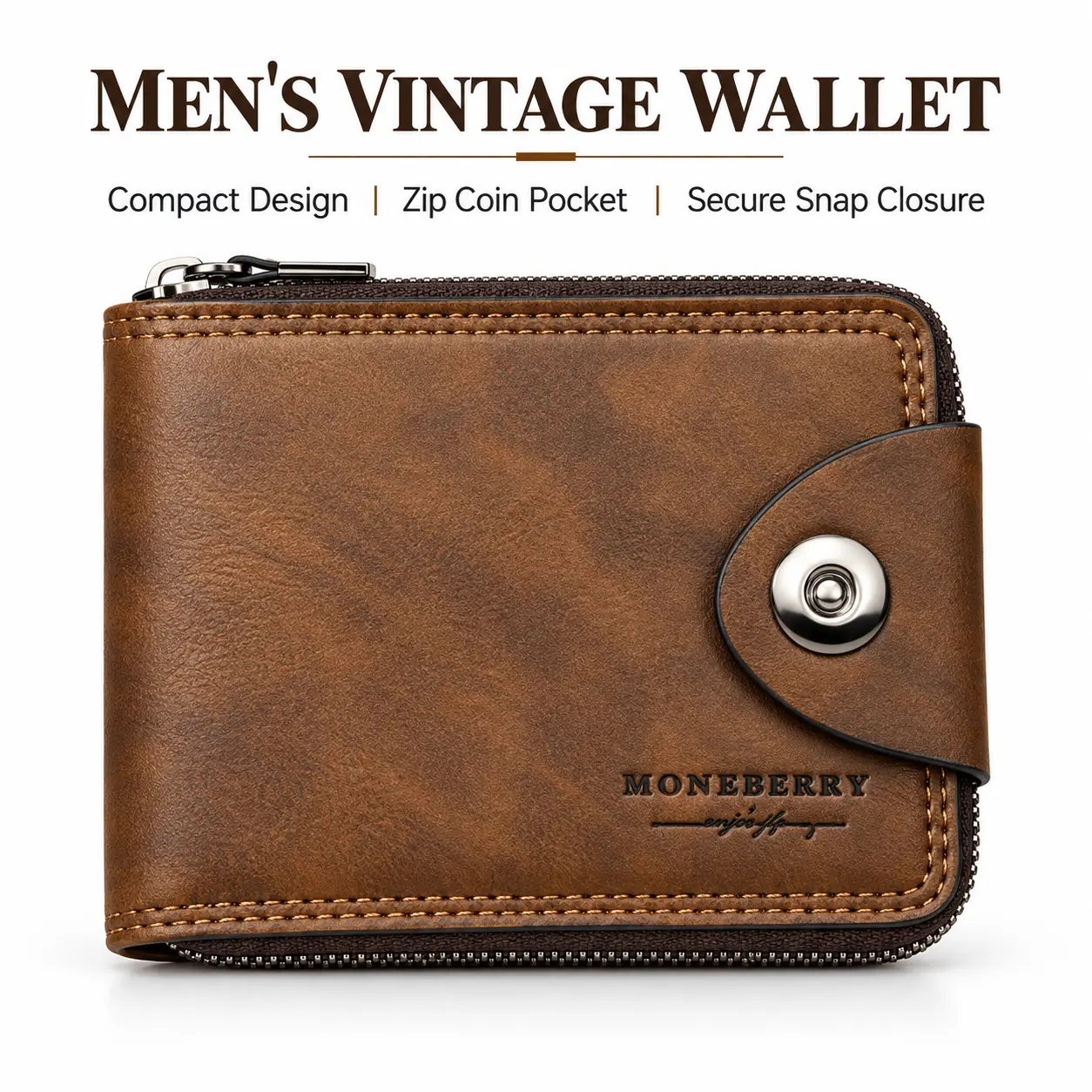 Men's Vintage PU Leather Bi-Fold Wallet with Zipper and Snap Closure; Compact, Short-Style Wallet Featuring Card Slots and a Bill Compartment; Vintage Brown Men's Everyday Wallet—Perfect as a Gift for Your Boyfriend for Holidays or Birthdays