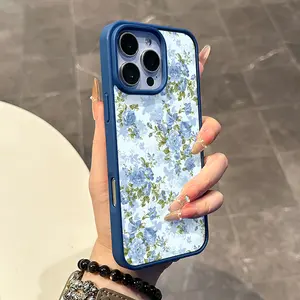 Magnetic Stylish Case for iPhone 17 16 E Pro Max 15 Plus 14 13 12 11 XS XR, Cute Blue Peony Garden Print | Shockproof, Silicone, Trendy, Protective, and Aesthetic