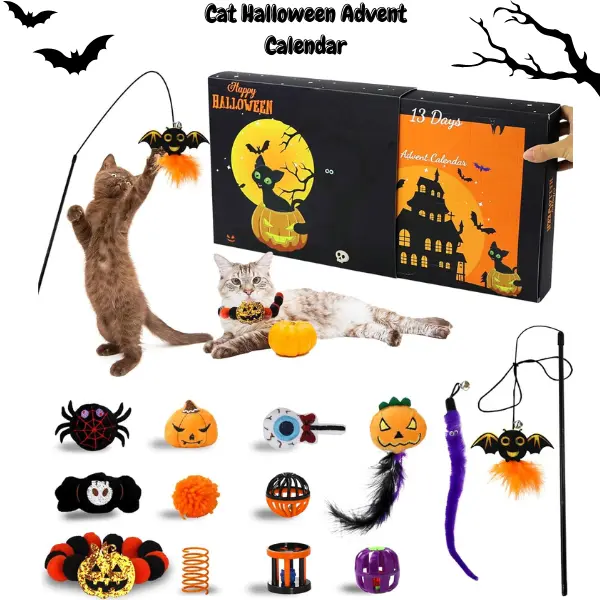 Cat Halloween Advent Calendar 2025, 13-Day Halloween Countdown for Cats, Interactive Cat Toy Set with Bat Wand, Plush Pumpkin, Bell Balls, Kitten Gifts, Perfect Halloween Gift
